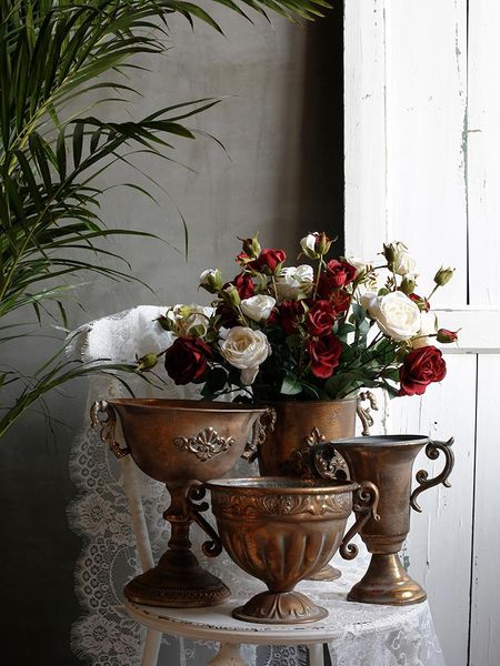 Vases Old Iron Vintage Flower Room Home Nordic Decor Golden Silver European Pot Goblet Classical Decoracion Salon Casa