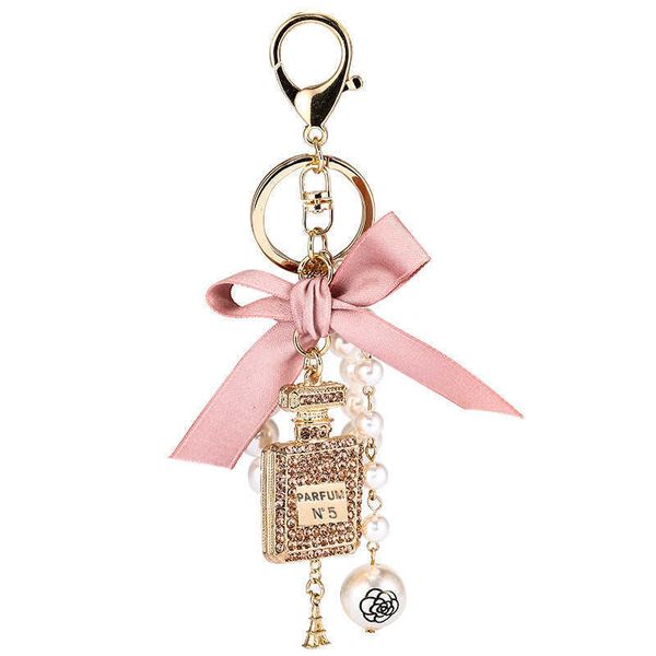 Fashion Pearl Perfume Bottle Keychain Car Key Ring Women Bag Charm Accessories Cute Bow Key Chain Creative Keyrings G1019