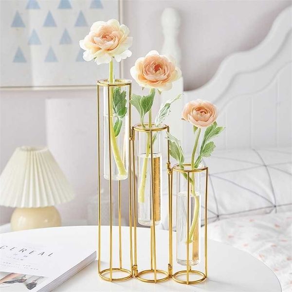Glass Vase Hydroponic Home Decoration Accessories Flower Vases Plant Holder Arrangements Metal Wedding Decor 211215