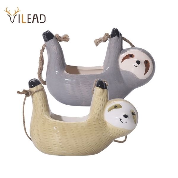 VILEAD Ceramic Sloth Lazy Flower Vase Figurines Hanging Plant Holder Creative Animal Flowerpot Large Diameter Nordic Home Decor 211215