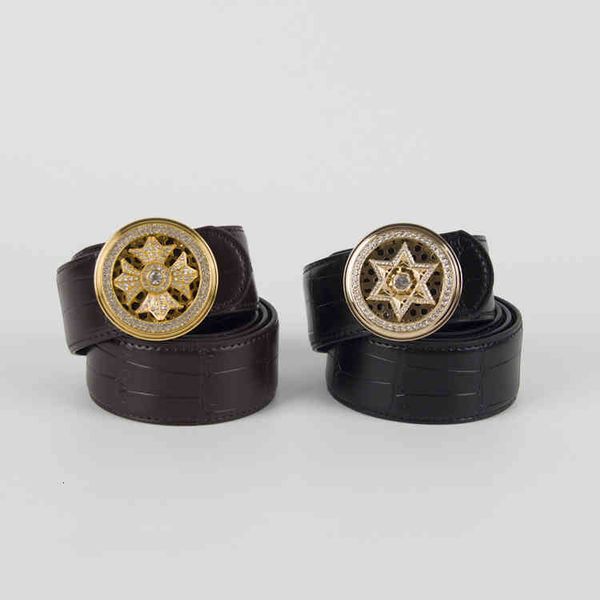 Belts Buckles Men&#039;s Youth Personalized Rotating Leather Blue Crocodile Pattern Simple Cross Diamond Buckle Suit