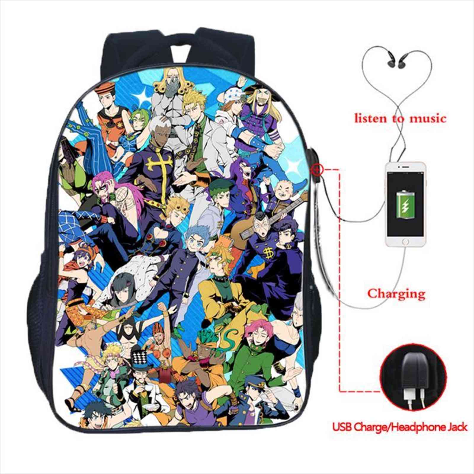 Jojos Bizarre Adventure Backpack Jojo No Kimyou Na Bouken Jotaro Men Women Boys Girls Usb Charging Backpacks School Bags