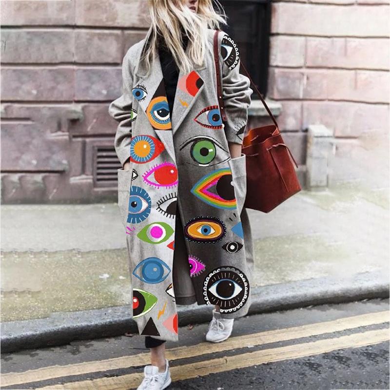 Women&#039;s Wool & Blends Vintage Pattern Winter Tweed Long Cardigan Coat Fashion Lapel Pocket Loose Outerwear Autumn Women Sleeve Casual Jacket