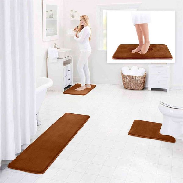 Home Bath Mat Non-slip Bathroom Carpet Soft Coral Fleece Memory Foam Rug Mat Kitchen Toilet Floor Decor Washable 8 colors 211109