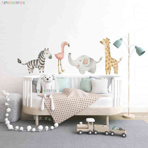Nordic Cartoon Animals Wall Sticker for Kids Room Nursery Baby Boys Bedroom Wall Decals Zebra Flamingo Elephant Giraffe Stickers 211112