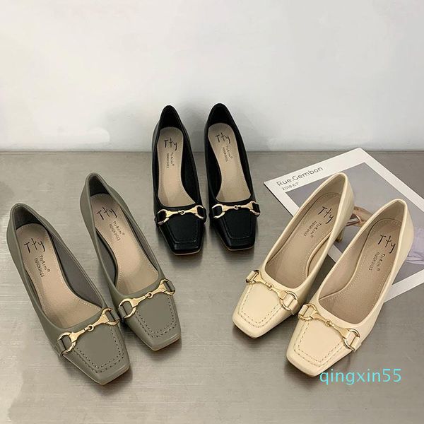 Dress Shoes Fashion Leather Square Toe High Heels Casual Women Metal Vintage Single 2021 Pumps Zapatos Mujer Office