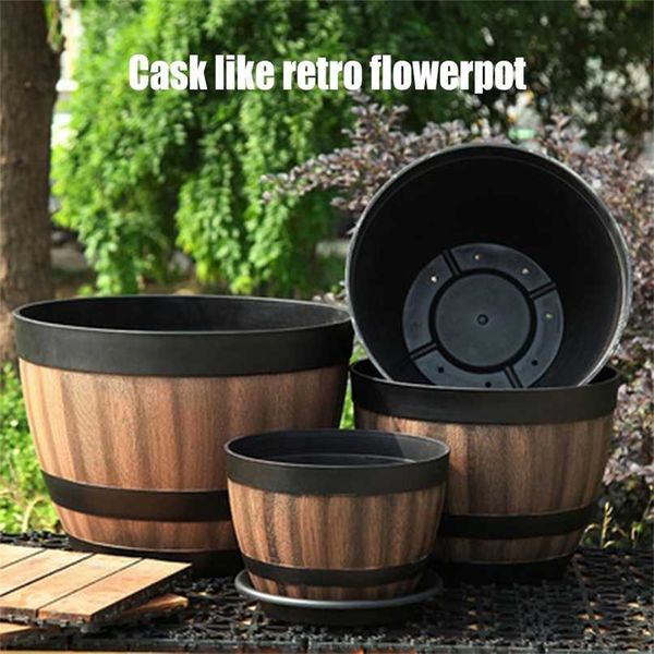 Resin Whiskey Barrel Flower Pot Round Planter Vintage Style Indoor Outdoor Garden Yard Patio SCIE999 211130