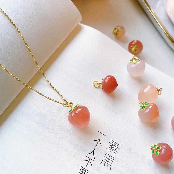 Natural Quartz Red Peach Cherry Pendant Necklace For Women 14K Gold Plated Metal Chain Choker Sweet Girl Jewelry