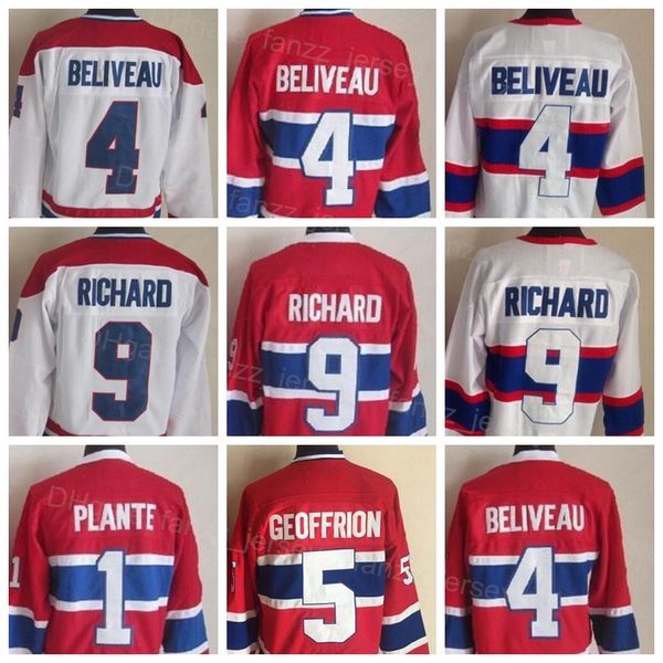 Men Vintage Ice Hockey Retro 5 Bernie Geoffrion Jersey 4 Jean Beliveau 1 Jacques Plante 9 Maurice Richard 16 Henri Richard 23 Bob Gainey 26