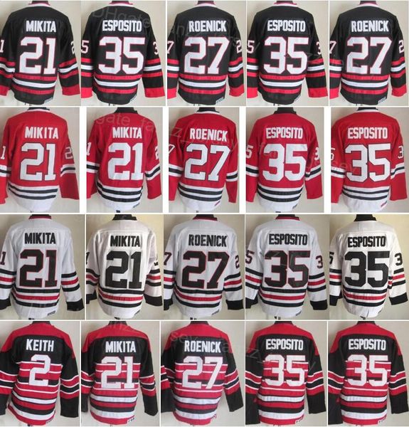 Men Vintage Ice Hockey Retro 21 Stan Mikita Jersey 2 Duncan Keith 35 Tony Esposito 27 Jeremy Roenick Home Black Red White Away All Stitched