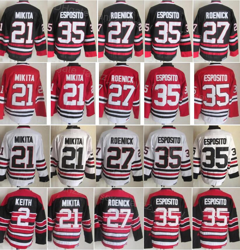 Men Vintage Ice Hockey Retro 21 Stan Mikita Jersey 2 Duncan Keith 35 Tony Esposito 27 Jeremy Roenick Home Black Red White Away All Stitched Sport Br