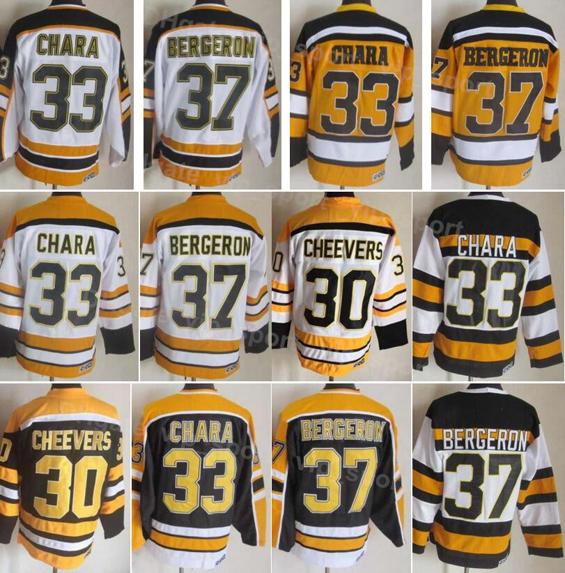 Men Ice Hockey Vintage Retro 33 Zdeno Chara Jersey 37 Patrice Bergeron 30 Gerry Cheevers 77 Ray Bourque Stitching Home Black Yellow White 75 Anniver