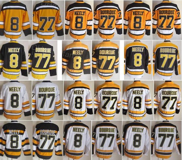 Men Ice Hockey Vintage 77 Ray Bourque Retro Jerseys 8 Cam Neely 75 Anniversary All Stitched Home Black Yellow White Breathable For Sport Fan