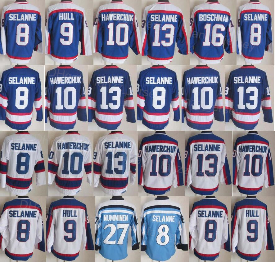 Men Retro Ice Hockey Vintage 9 Bobby Hull Jersey 13 Teemu Selanne 27 Teppo Numminen 10 Dale Hawerchuk 16 Laurie Boschman Sewing Navy Blue White For