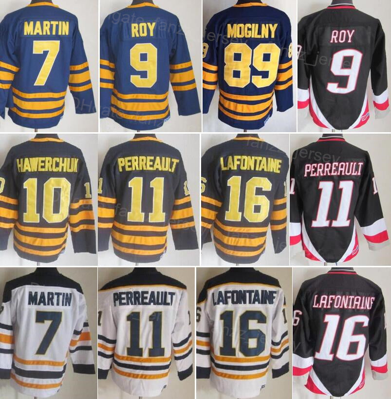 Men Retro Ice Hockey Vintage 7 Rick Martin Jersey CCM 9 Derek Roy 10 Hawerchuk 11 Gilbert Perreault 89 Mogilny 16 Pat LaFontaine Black Navy Blue Whi