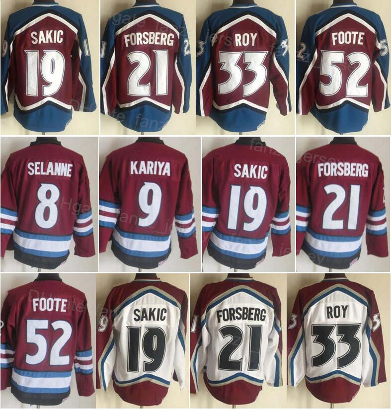 Men Retro Ice Hockey Vintage 33 Patrick Roy Jersey 8 Teemu Selanne 9 Paul Kariya 52 Adam Foote 21 Peter Forsberg 19 Joe Sakic Home Burgundy Maroon R