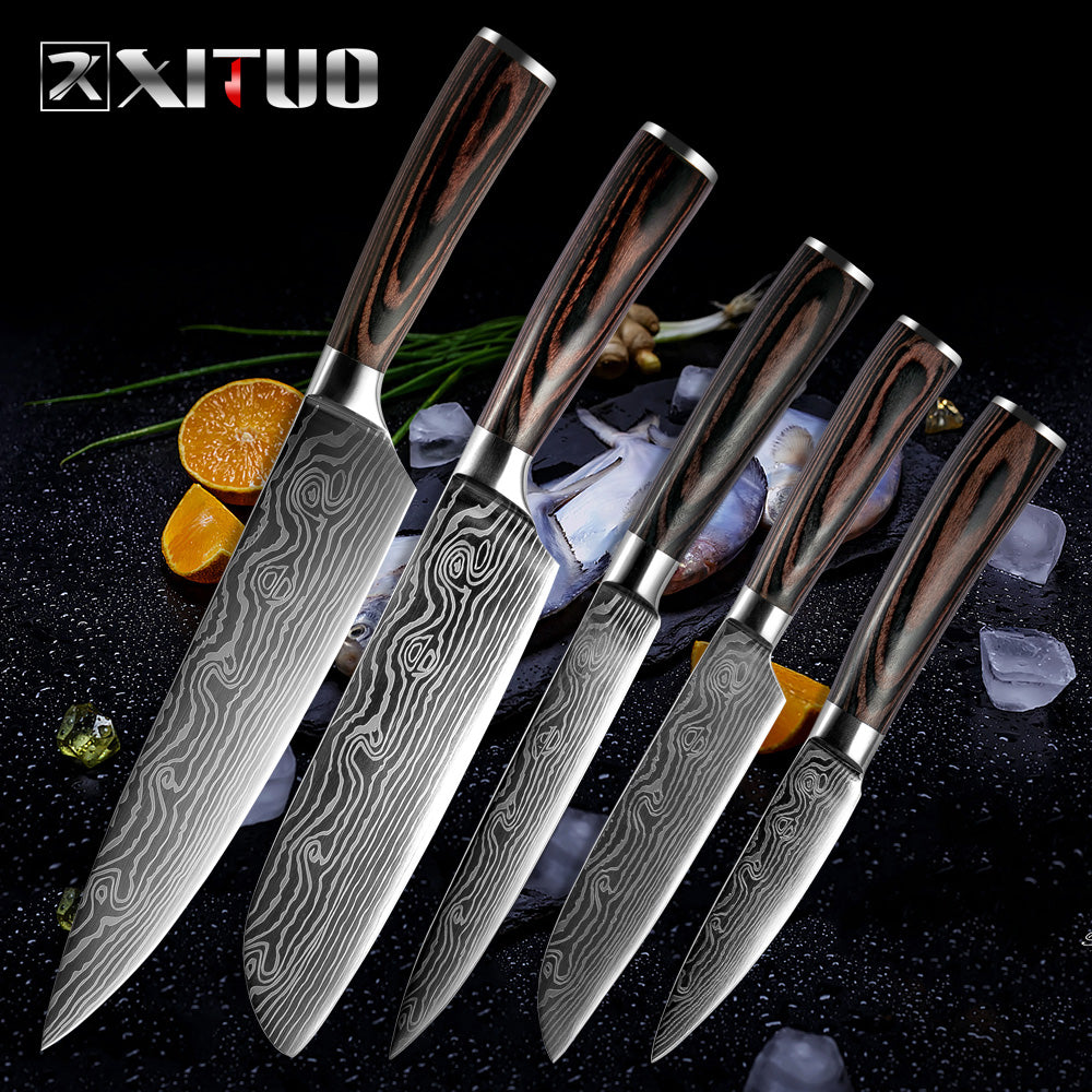 XITUO New Beauty Veins Kitchen Knives Paring Utility Santoku Slicing Chef Damascus Veins Color Wood Handle Stainless Steel Knife