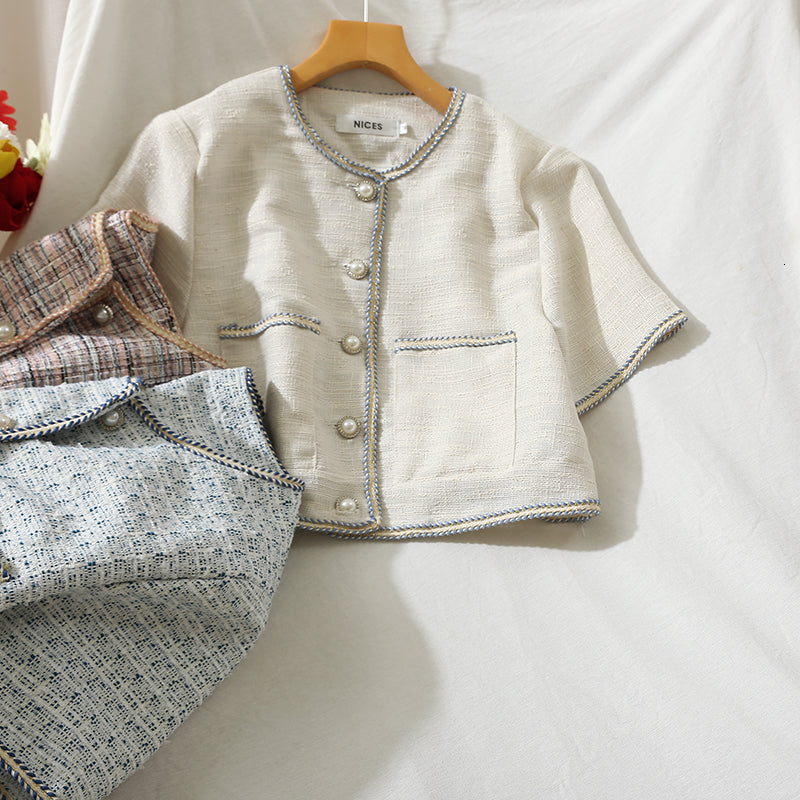 2021 New Women Summer Short Sleeve Tweed Jacket Coat Runway Single Breasted Weave Female Fashion Outerwear Bqks