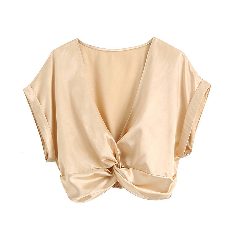 2021 New Women Sweet Poplin Crop Blouses Fashion Deep V-neck Short Sleeves Female Shirts Autumn Chic Tops 7cok