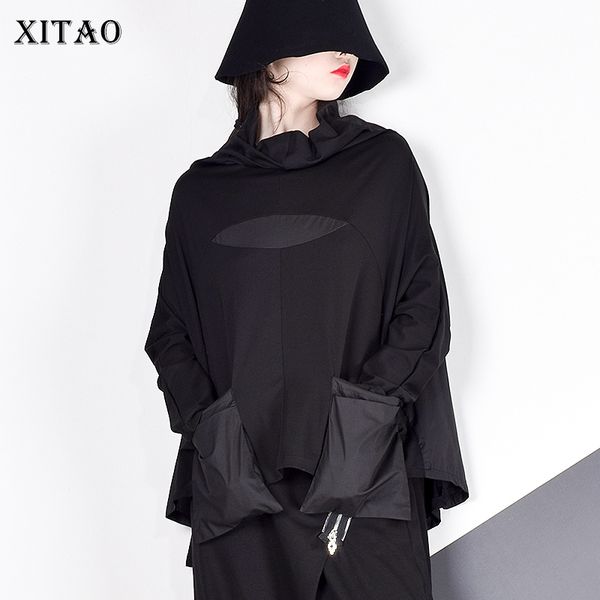 XITAO Harajuku Patchwork Pocket T Shirt Women Stand Collar Plus Size Casual Black Streetwear Female Stitch Korean Summer LYH2877 210302