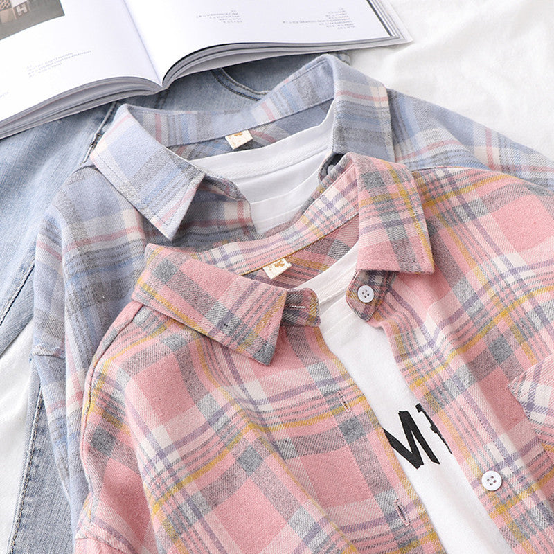 2021 New Plaid Shirts Womens Blouses Long Sleeve Loose Lady Tops Boyfriend Style Checked Female Clothes Outwear Student Wear Spring News Awj