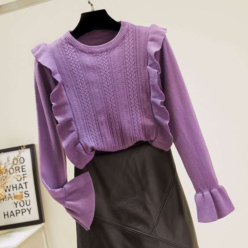 2021 Ruffled Enlargement Sweet Solid Woman Warm-neck Sweaters Basic Winter Tops Pullovers Elegant New Autumn Lady of the Office 9zaj