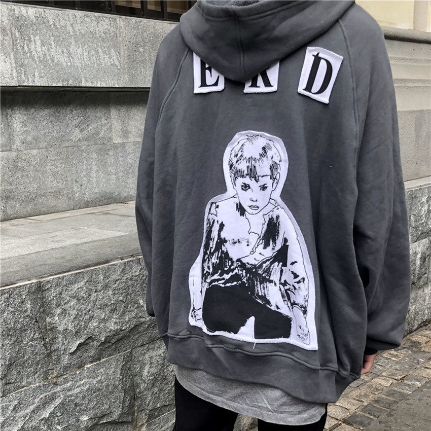 2021 New Heavy Fabric Gray Blue Comic Little Boy Patch Print Erd Hoodie Men Women Oversized Pullover Sweatshirts Fashion N6zl