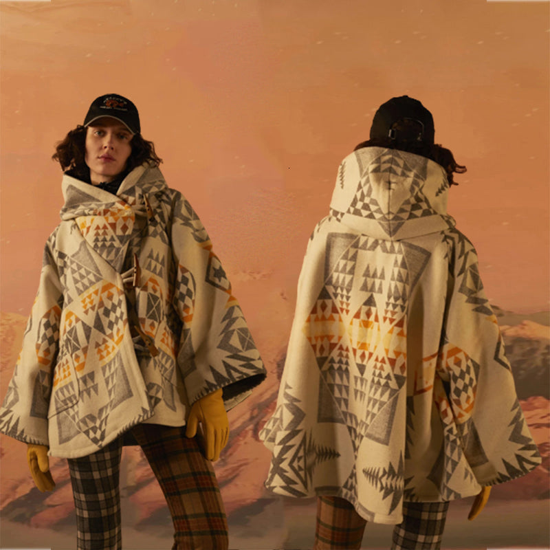 2021 New Luxury Warm Outerwear Lady Jackets Vintage Geometric Print Wool Blends Winter Womens Elegant Cloak Short Cape Coat J956