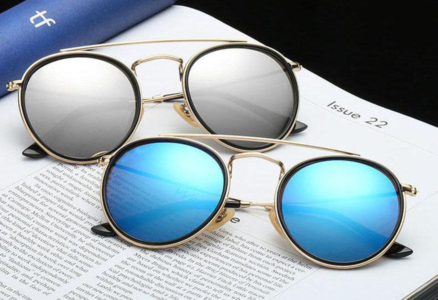 High Quality Round Style Sunglasses Alloy PU frame Mirrored glass lens for Men women double Bridge Retro Eyewear with package