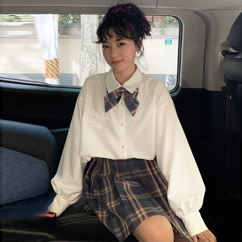 2021 New Harajuku Long Tops and Women&#039;s Blouses Fall Korean Lolita White Style Blue Shirt Schoolgirl Sweet Clothes R43m