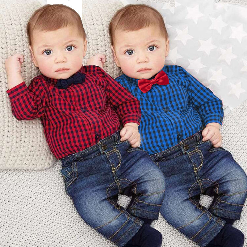 2021 New Spring Autumn Newborn Baby Boys Clothes Fashion Toddler Infant Girls Romper Set Long Sleeve Lattice Romper+jeans 2 Pcs Vepb