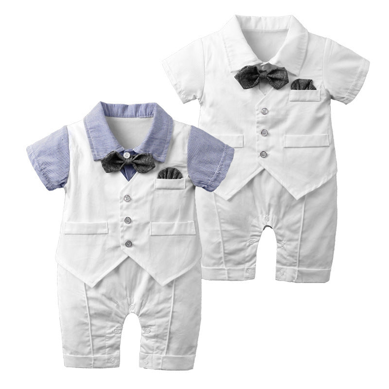 2021 New Kids Tales Summer Gentlemen Formal Tuxedo Boys Birthday Romper with Tie Newborn Infant Baby Boy Wedding Suit Sa50