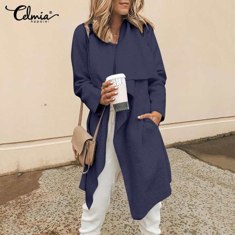 2021 New Celmia Women Fashion Cardigans Coats Autumn Pleated Overshirt Sleeve Casual Pockets Lapel Office Long Trench Plus Size N7ms