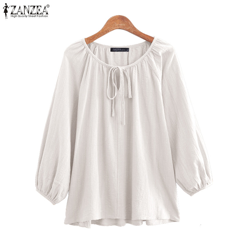 New Zanzea Solid Sleeve Tops Female Vintage Cotton Shirt Casual Drawstring o Neck Blusa Oversize Womens 2021 Summer Blouses 5xl Skyp
