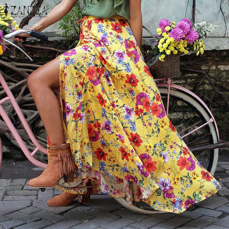 2021 New Zanzea Fashion Floral Print Skirt Female Bohemian Mujer Faldas Womens Holiday Beach Long Bottoms Casual Elastic Waist Skirts 5xl 8s