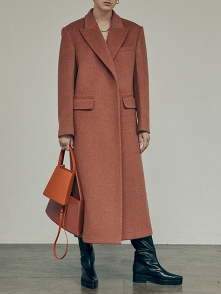 2021 New Women Winter Woolen Mid-length Coat Lady Turn-down Collar Office Wear Ol Jacket Female Fashion Long Outwear Tops with Pockets I51a