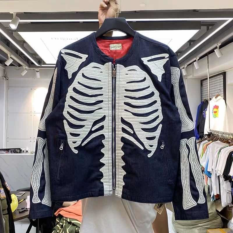 2021 New Completo Osso Bordado Kapital Zper Das Mulheres Dos Homens 1:1 Alta Qualidade Outono Inverno Retro Jaqueta Rib Cage Zip Manga Denim