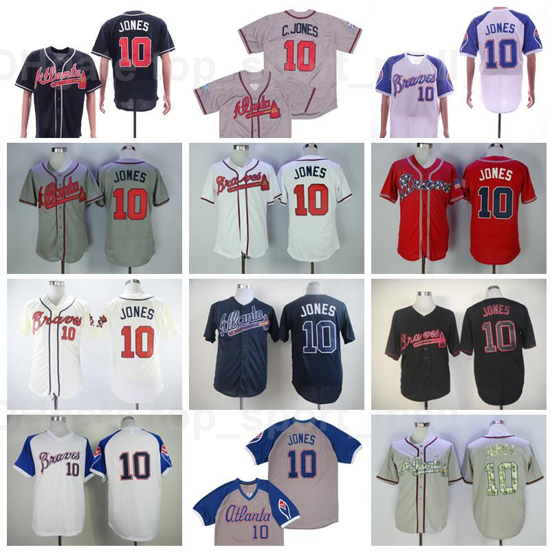 Men Retror 1974 1995 1999 Vintage Baseball 10 Chipper Jones Jersey Retire Flexbase Cool Base Stitched Navy Blue Red White Beige Grey