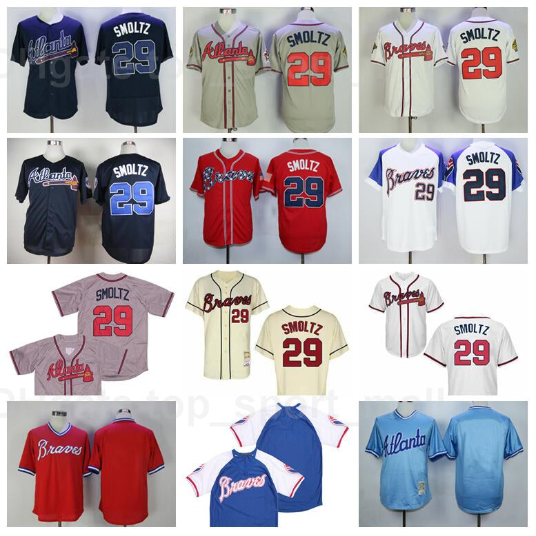 Men Retror 1974 1980 1995 1999 Vintage Baseball 29 John Smoltz Jersey Retire Flexbase Cool Base Team Stitched Navy Blue Red White Beige