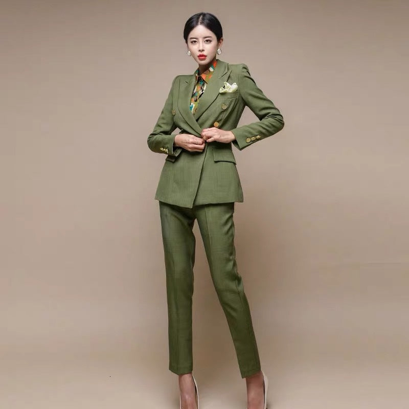 2021 New Fashion Women Suits Long Sleeve Double- Breasted Pants Suit Office Lady Slim Two-piece Blazer Sets Fdwy