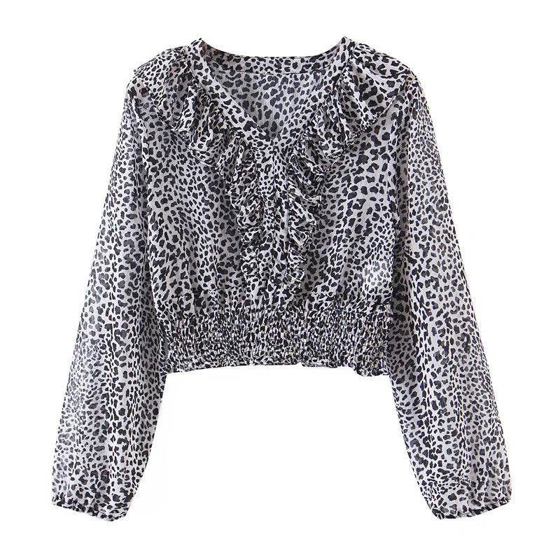 2021 New Women Leopard Print Ruffled Crop Blouses Fashion Vintage Long Sleeve Female Shirts Blusas Chiffon Chic Tops 6v3z