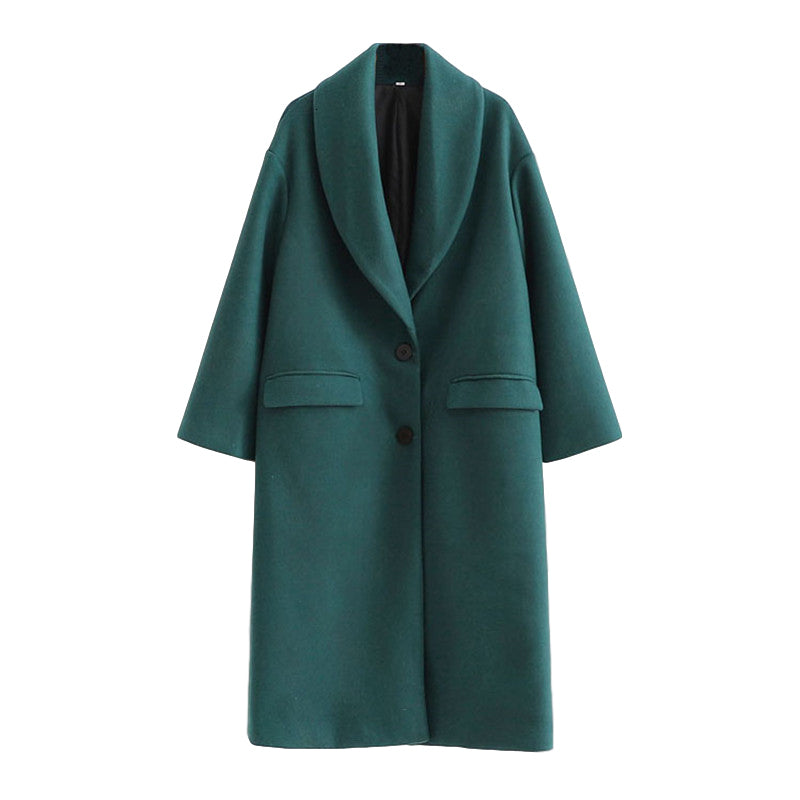 2021 New Women Green Fashion Elegant Warm Woolen Coat Pockets Female Outerwear Chic Blends Long Overcoat Qrj5
