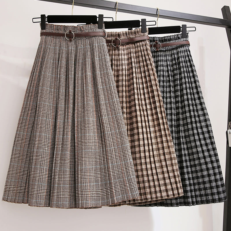 Plus Size 3XL Spring Autumn Women Wool Skirts Plaid Mid Skirts Casual Loose Ladies Office Skirt Elastic Waist Sashes