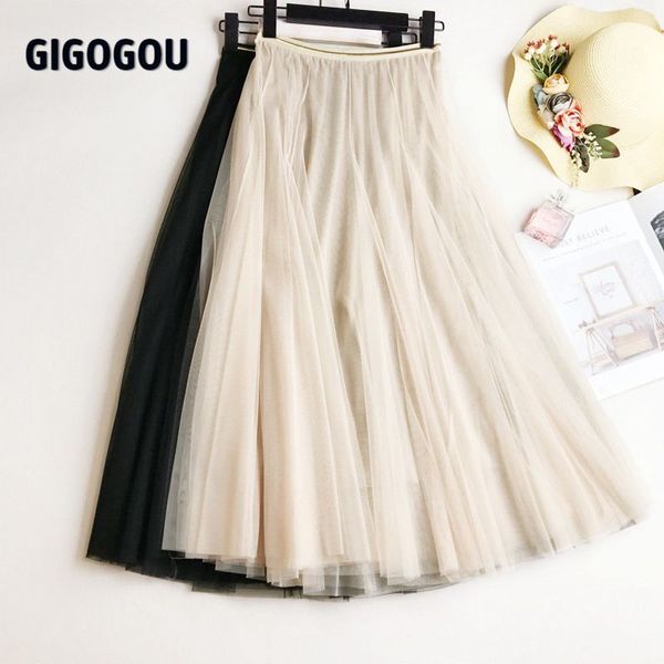 GIGOGOU Summer Mesh Women Pleated Skirt Solid High Waist A Line Tulle Skirts Chic Long Maxi Tutu Skirt Holiday Beach Tulle Skirt 210303