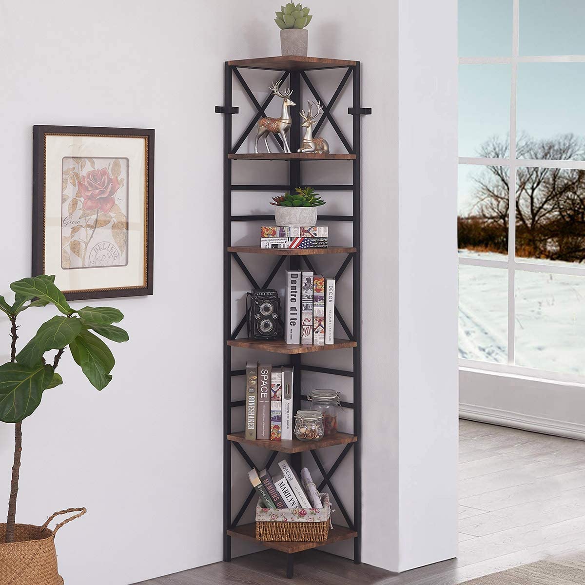 6 Tier Industrial Corner Shelf Unit, Tall Bookcase Storage Display Rack for Home Office, Rustic Brown