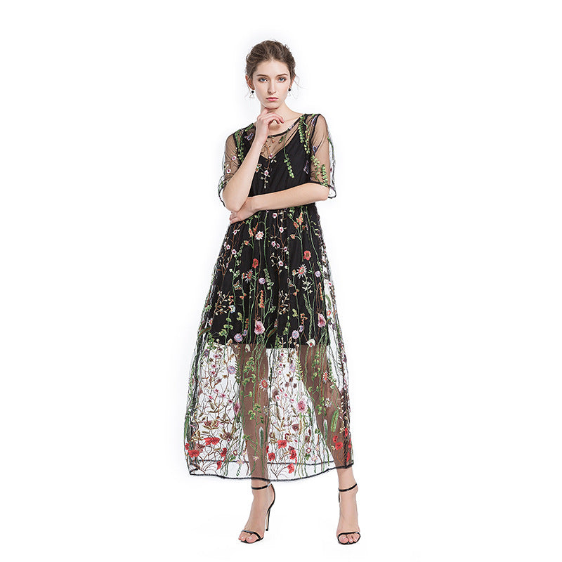 New Spring Summer Women Dress Large Size Embroidery Lace Round Neck Fashion Two-piece Temperament Long Women Dresses CW342
