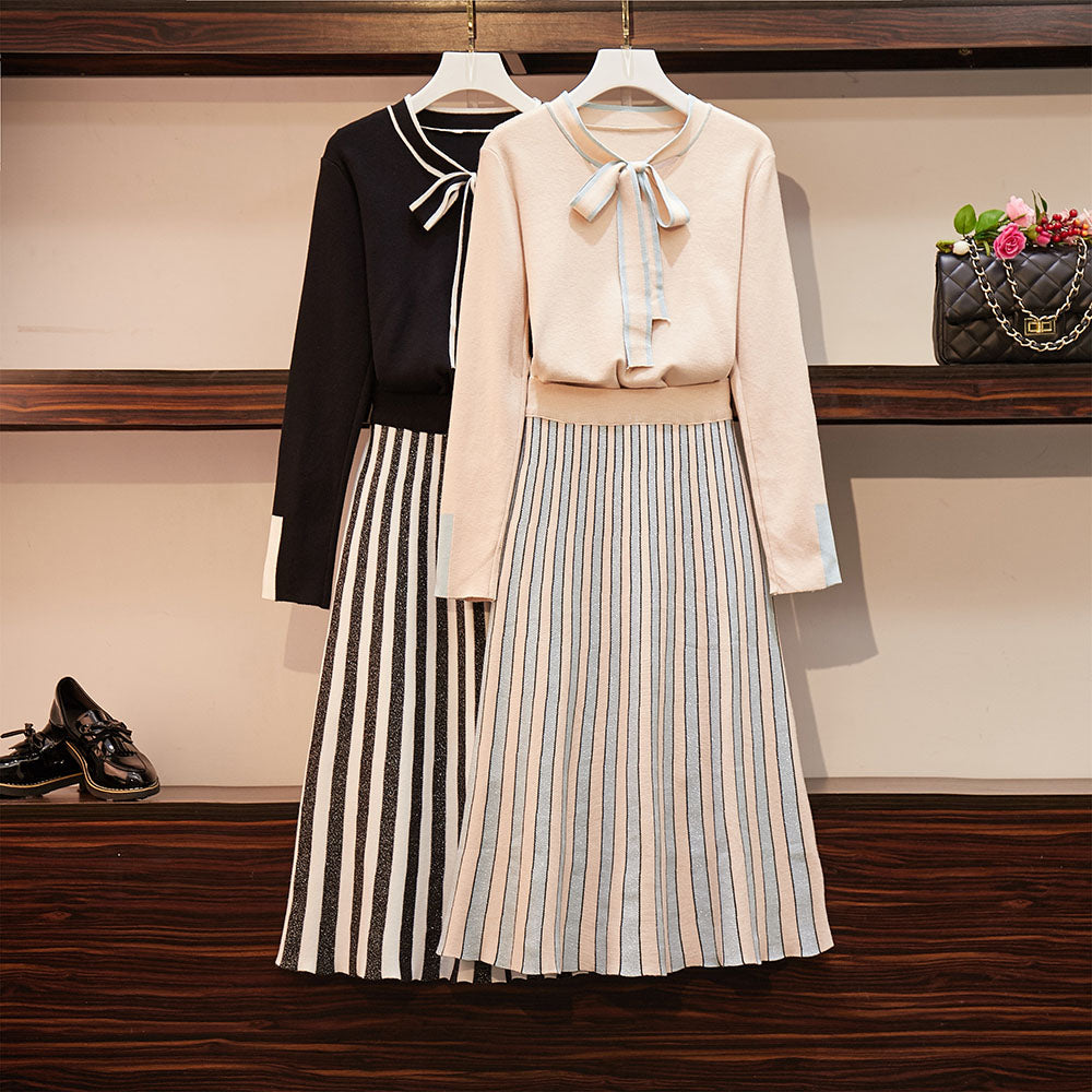 Women Knitted 2 Piece Set Autumn Winter Elegant Bow Collar Knitting Sweater + Long Midi Striped Pattern Skirt Set Suits