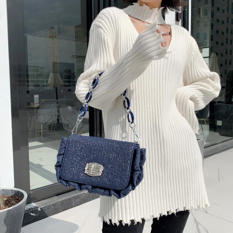 Shoulder Bags Thick Acrylic Handbag With Metal Chain Crossbody Bag Lace Buckle Diamond Blue Canvas Ruffled Folds Metallic Glitter Handbags