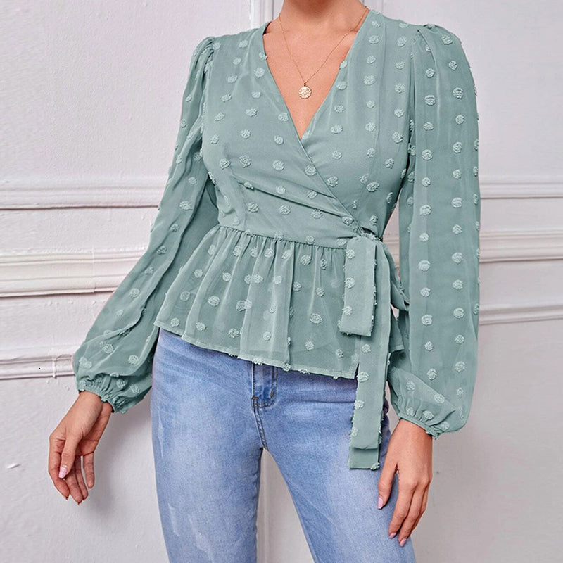 2021 New Spring v Neck Wrap Women Long Sleeve Casual Office Female Solid Ruffles Pink Blouses Elegant Lace Up Work Tops H36b