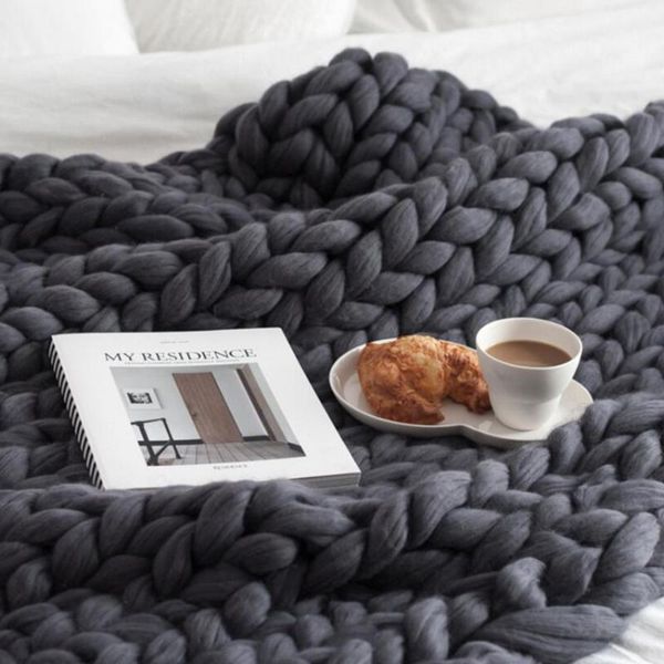 Hand Knitted Chunky Blanket Thick Yarn Weighted Wool Bulky Knitting Throw Blanket Warm Winter Home Sofa Bed Throws Blankets